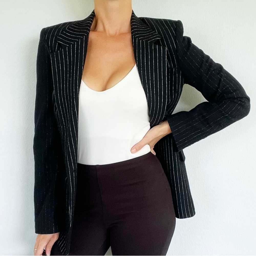 DKNY black wool pinstripe single button professional oversized blazer size 4